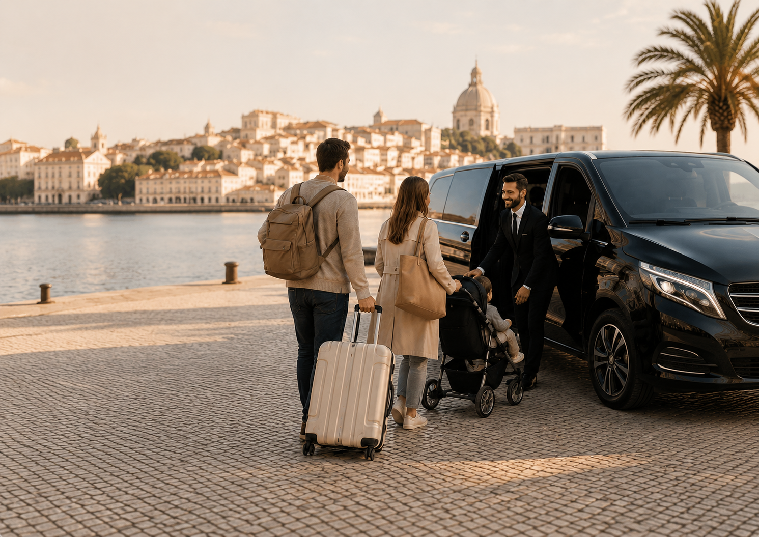 Family with stroller and luggage meeting a private driver in Lisbon